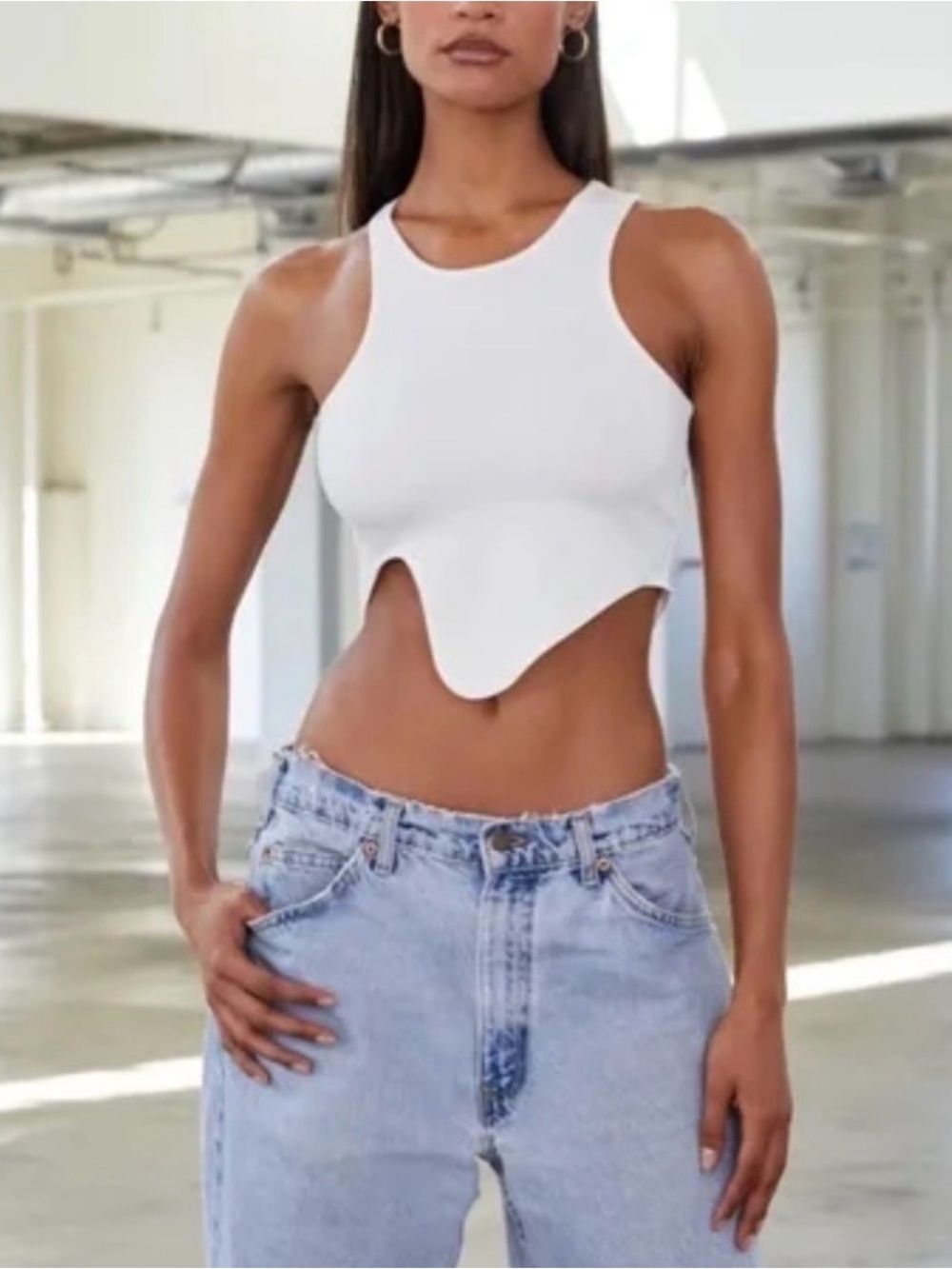 Local European White Asymmetric Crop Tank